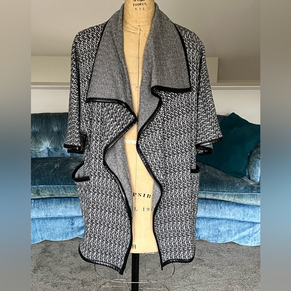 New York & Company faux leather trim shawl cardigan